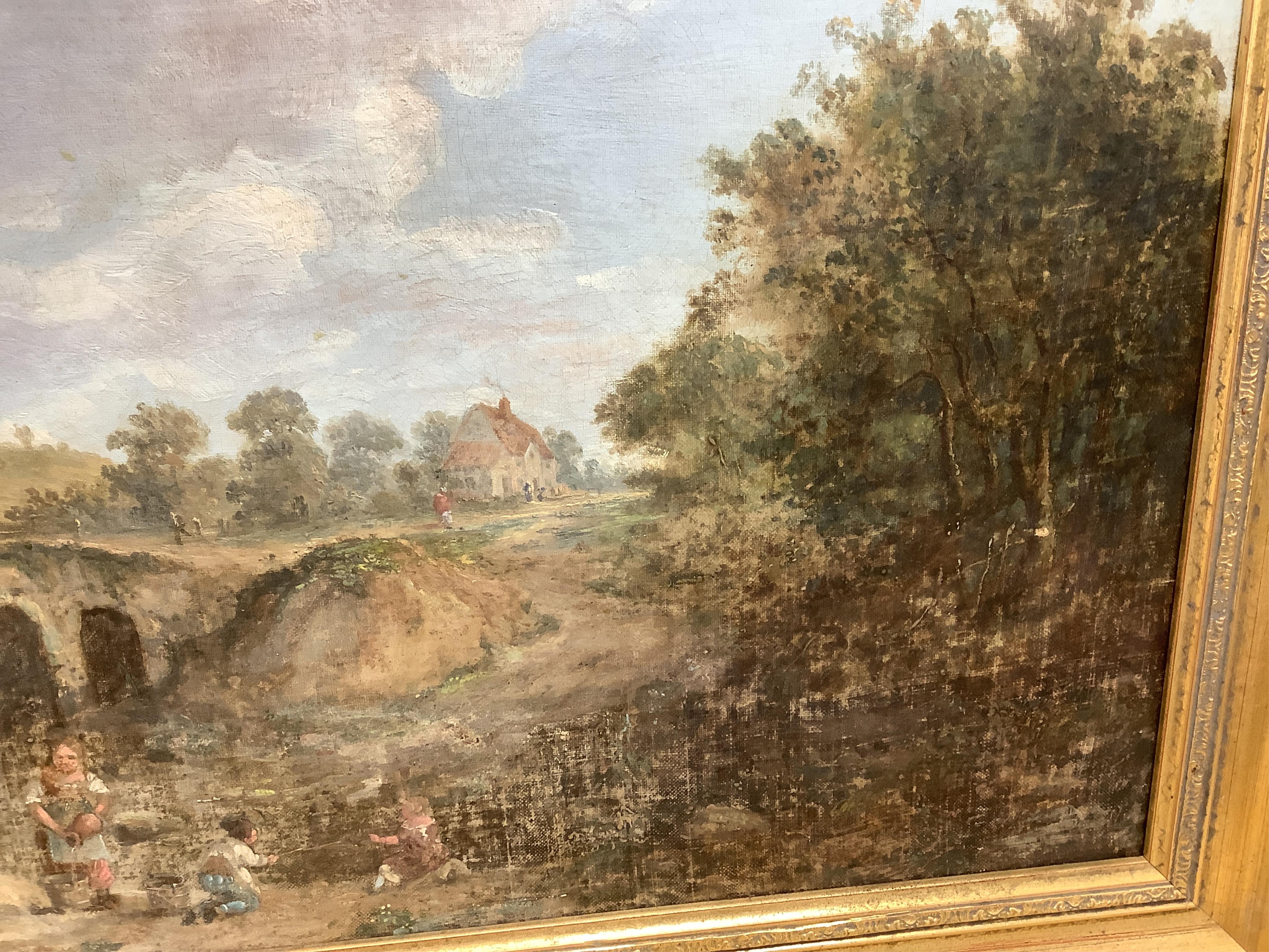 19th century, English School, Riverscape with children fishing, unsigned, oil on canvas, 48 x 64cm, gilt frame